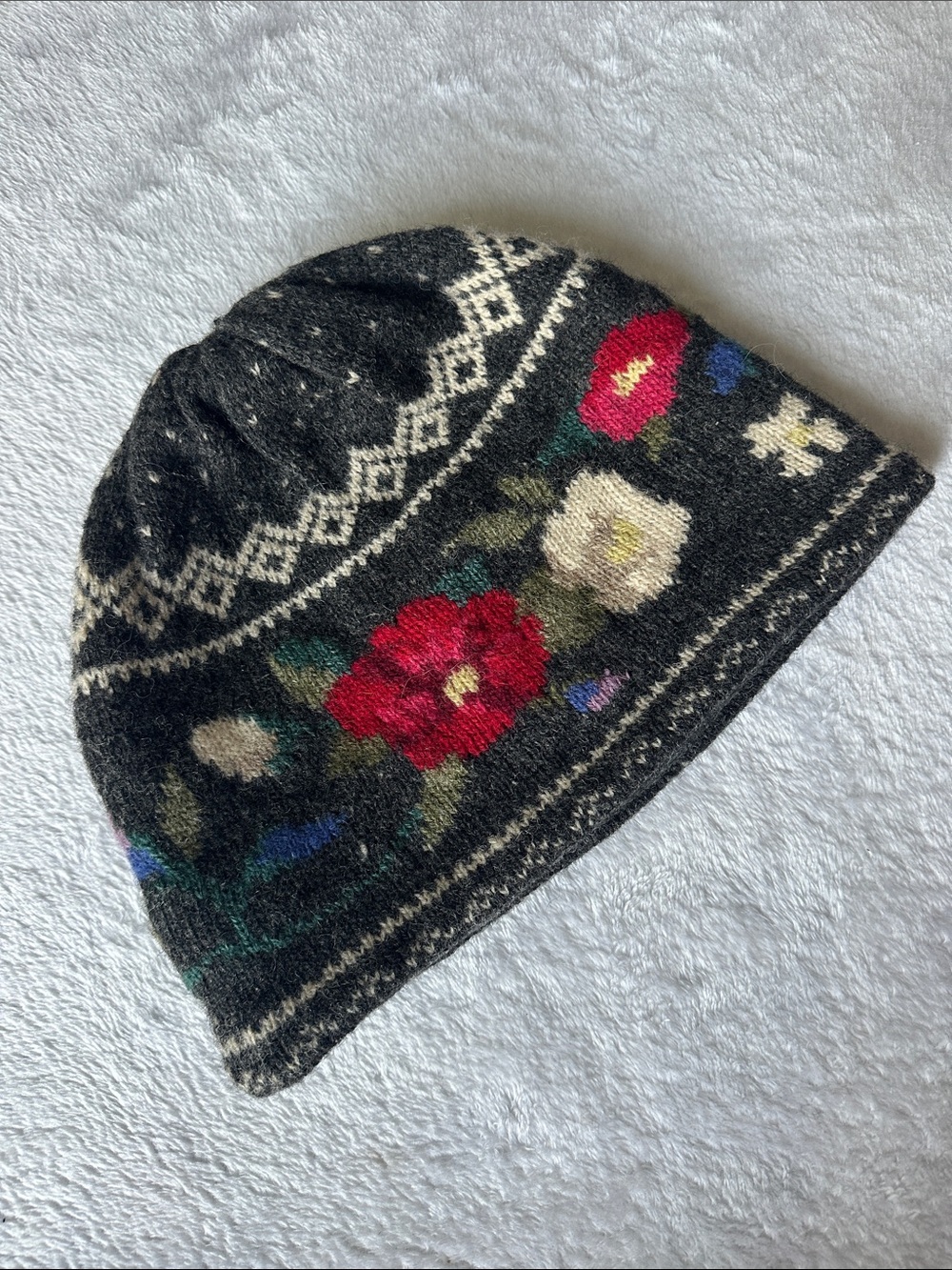 Talbots 100% Wool Floral Knit Beanie Gray Winter Hat Cottagecore Folk Cozy